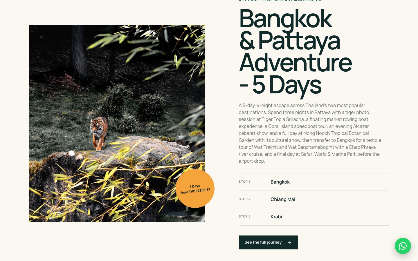 Featured journeys lay out the route stop by stop — here, Bangkok & Pattaya Adventure over five days.