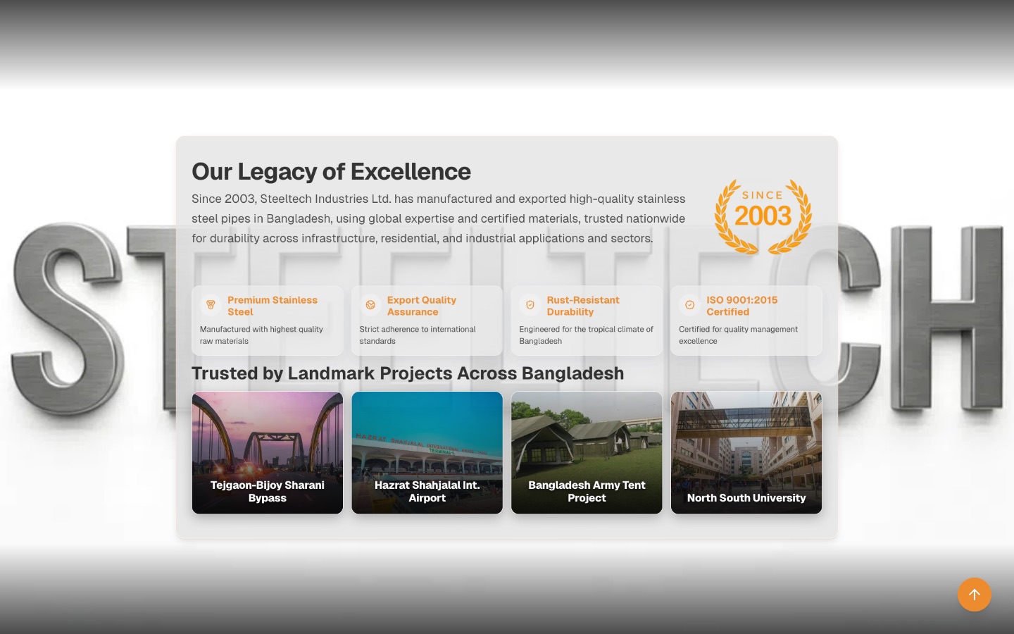 “Our Legacy of Excellence” — the 2003 founding year and the landmark projects Steeltech has supplied.
