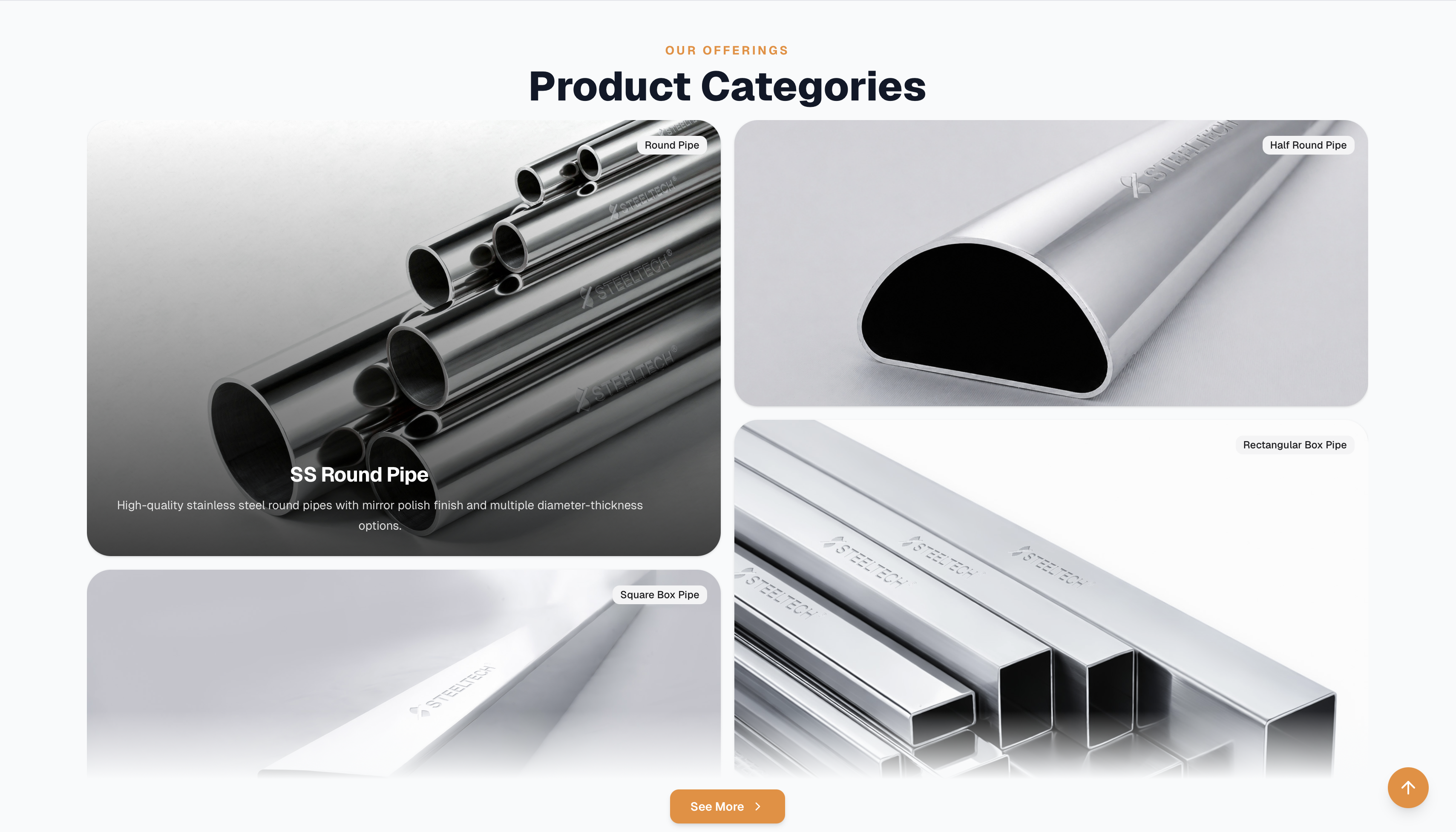 Product categories: a clean, white-studio catalogue that lets polished steel do the talking.